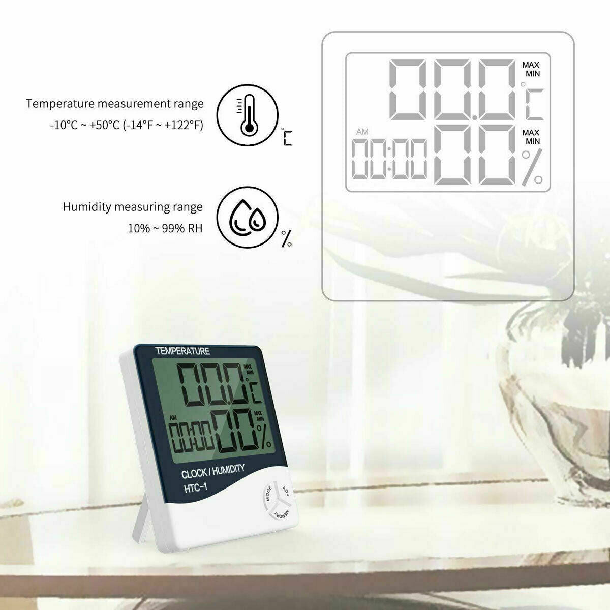 Indoor Digital Thermometer (with Clock & Humidity Display)